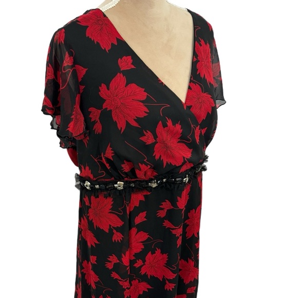 CHANGES By TOGETHER Women’s Sz 16 Midi Dress Romantic Red Black Floral Whimsical - Picture 7 of 14